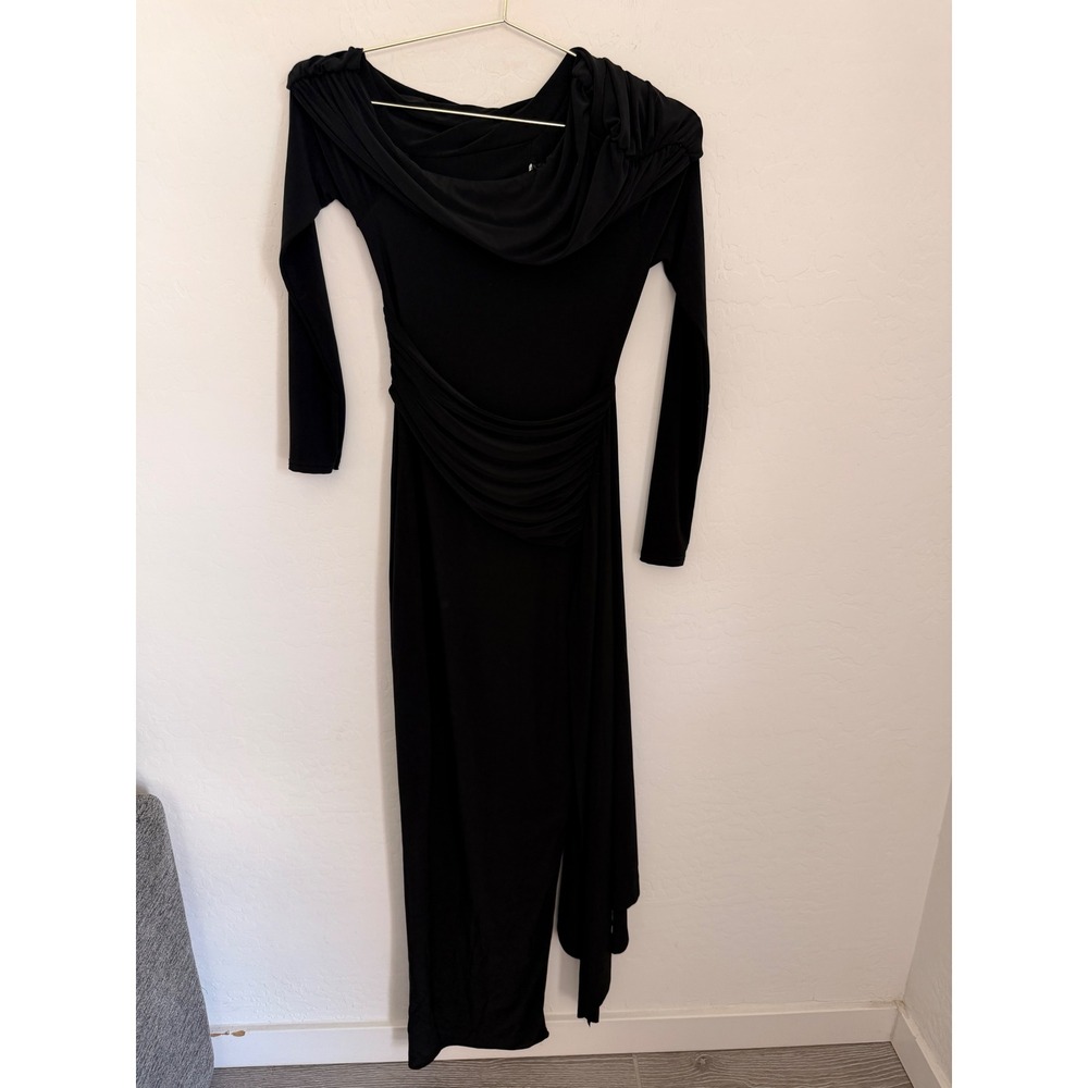 Club L London Valina Black Ruched Asymmetric Maxi Dress Long Sleeve US 4 NWT